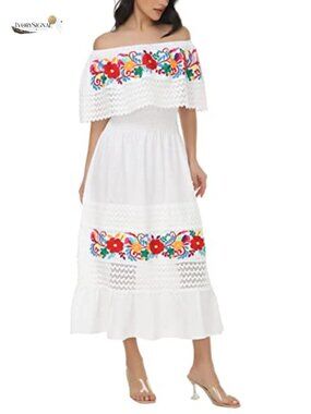 Mexican Embroidered Cotton Off Shoulder Maxi Dress